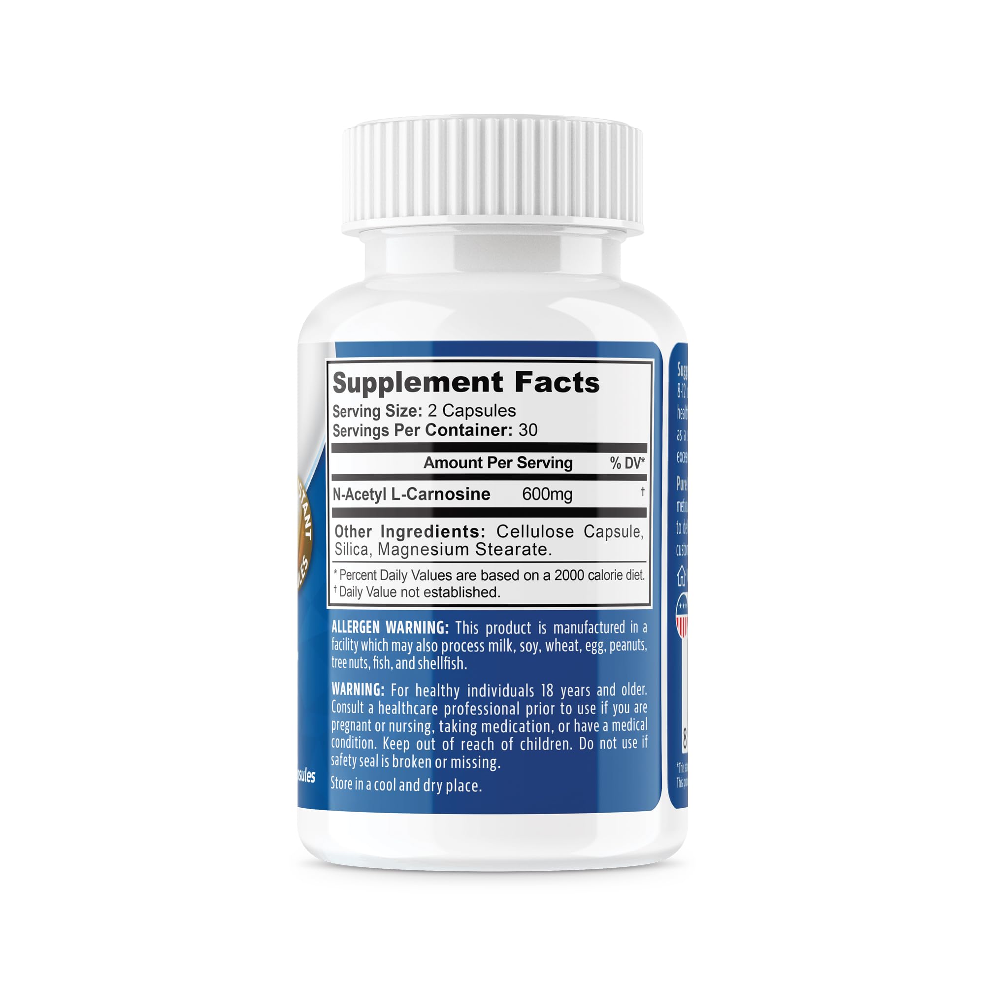 NeuropAWAY Elements N-Acetyl-L-Carnosine capsules closeup shows easy-to-swallow form