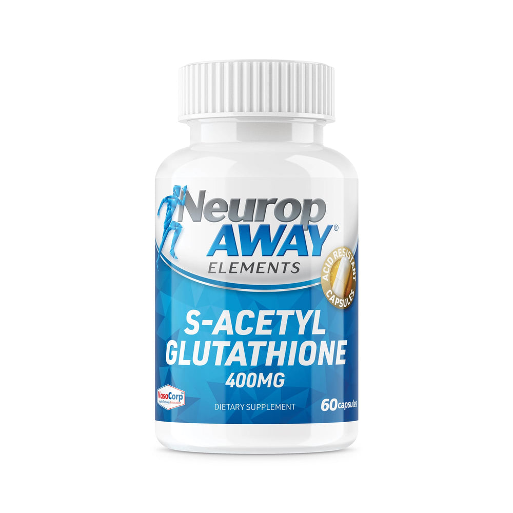 NeuropAWAY Elements bottle front view highlighting energy support with S-Acetyl-Glutathione