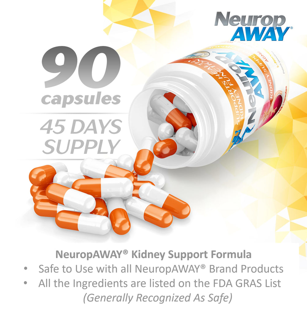 Close-up of NeuropAWAY label highlighting kidney support formula.