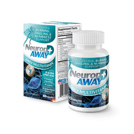 NeuropAWAY Multivitamin bottle closeup highlighting daily wellness support