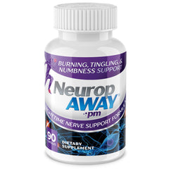NeuropAWAY nerve-support PM bottle on nightstand suggesting bedtime relief.