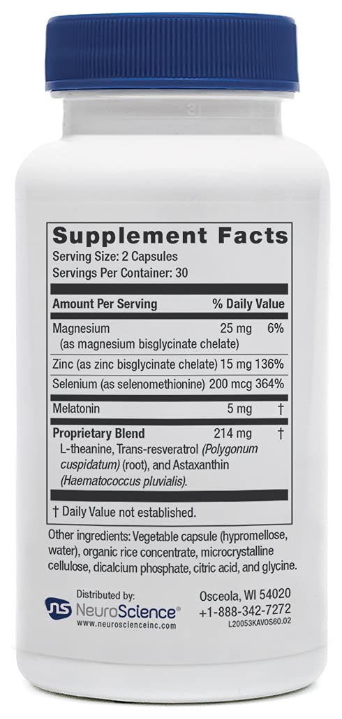 NeuroScience Kavinace OS capsules close-up highlighting melatonin and L-Theanine for relaxation.