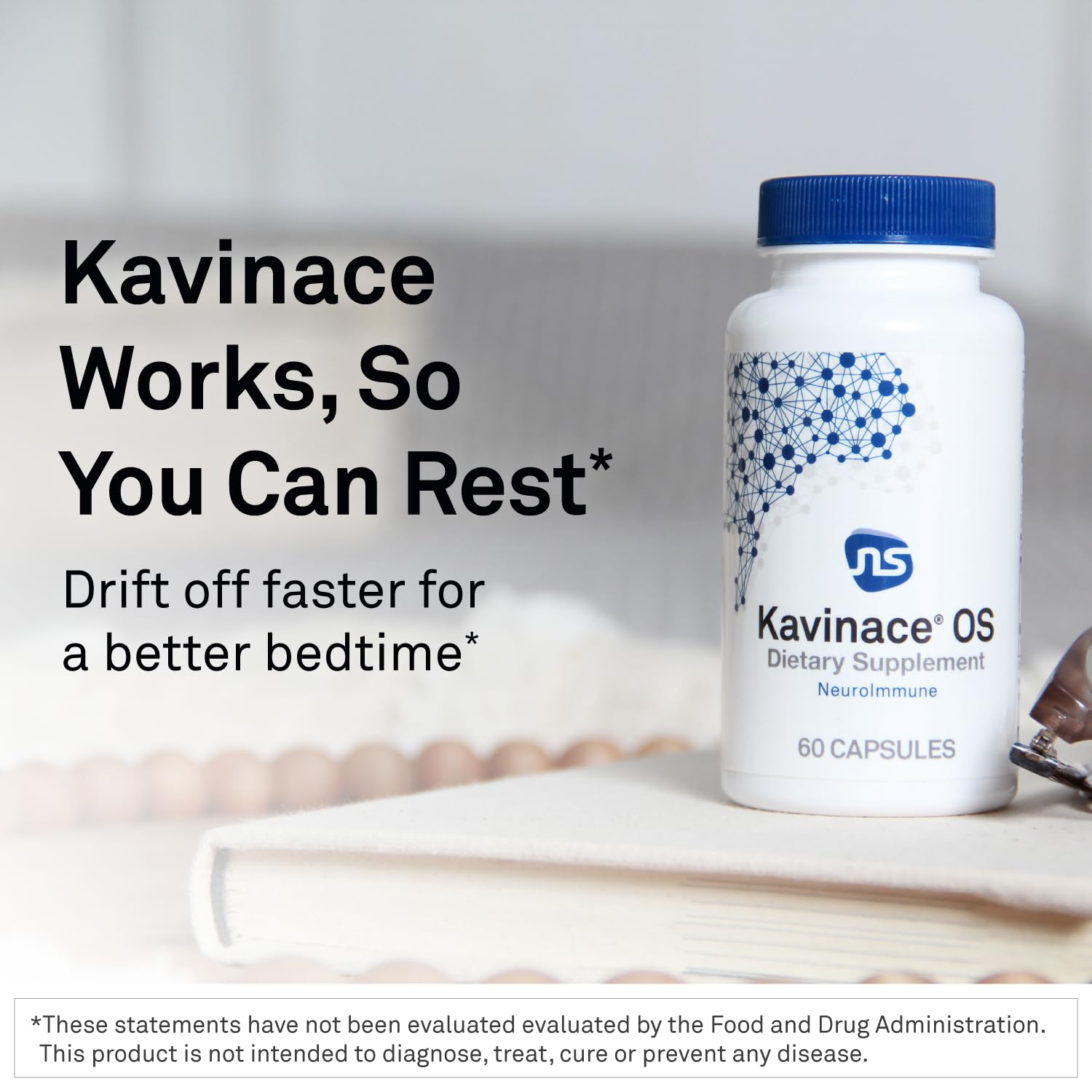NeuroScience Kavinace OS label view showing zinc and selenium for nighttime recovery.