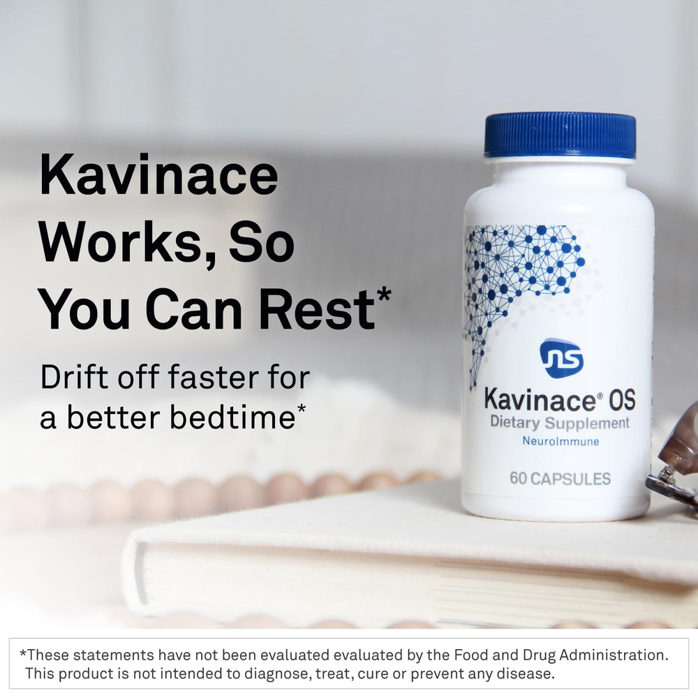 NeuroScience Kavinace OS label view showing zinc and selenium for nighttime recovery.