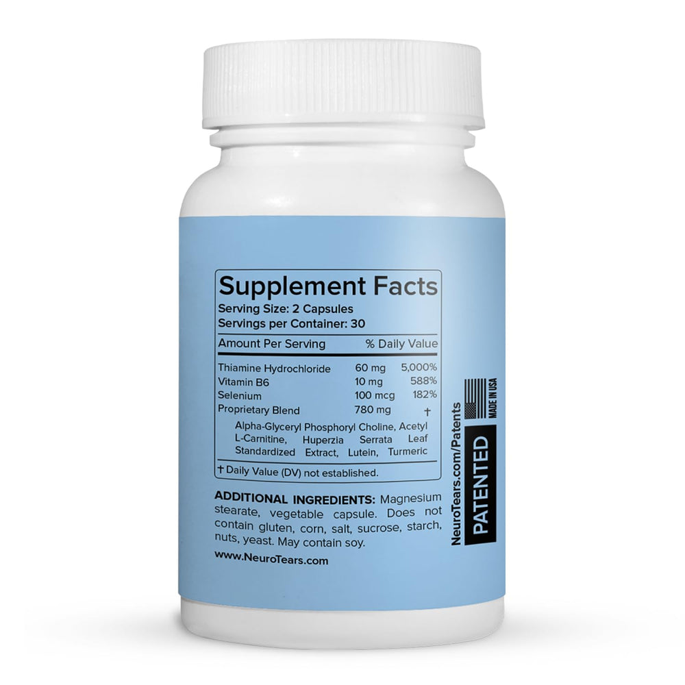 NeuroTears capsule closeup highlights soft capsules for neurological tear support.