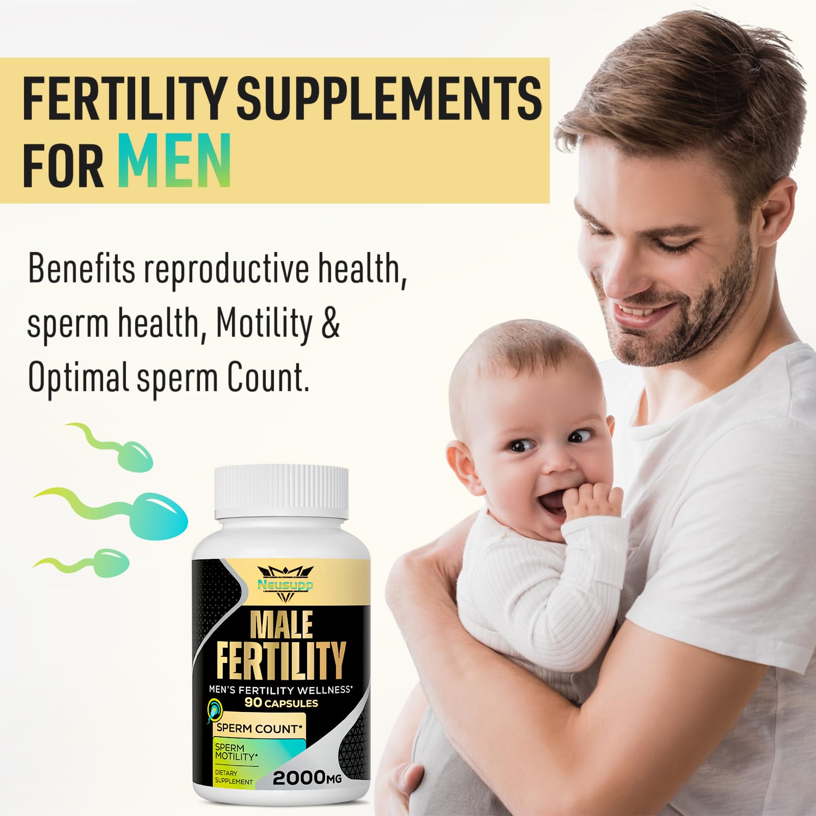 Neusupp Male Fertility capsules close-up highlighting potency and swallow ease