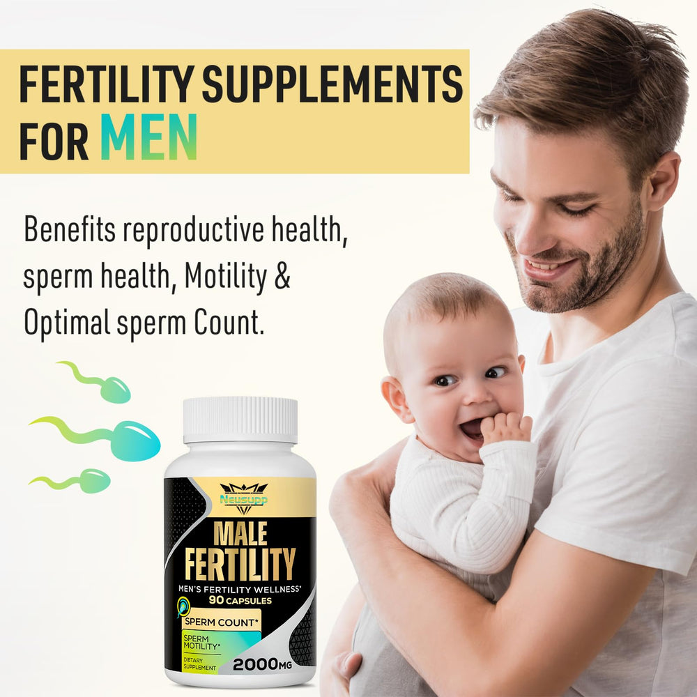 Neusupp Male Fertility capsules close-up highlighting potency and swallow ease