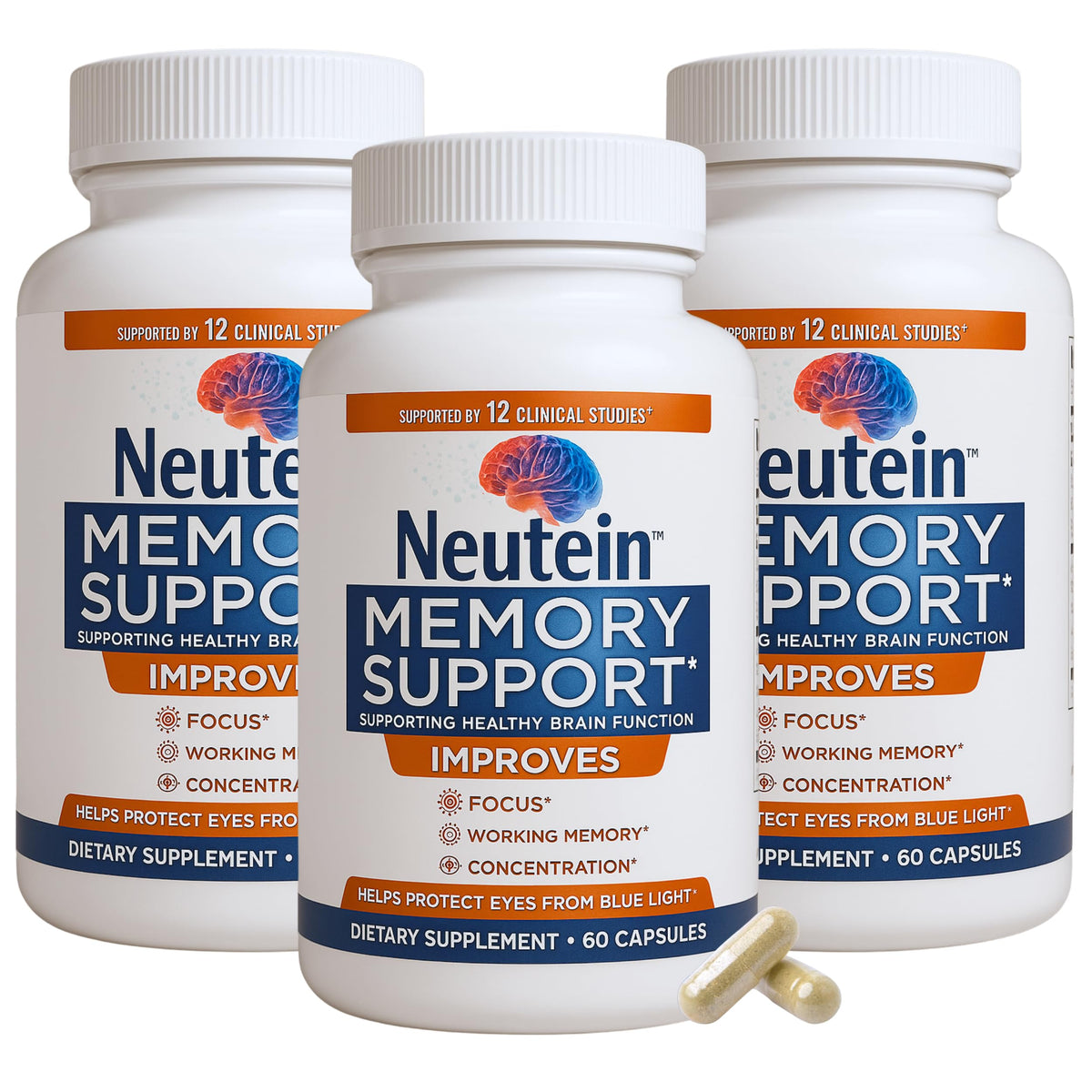 Neutein memory and focus bottle front for daily brain support.