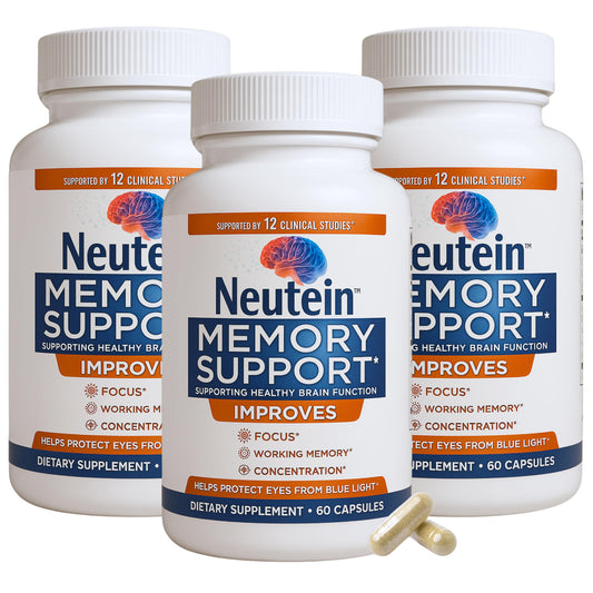 Neutein memory and focus bottle front for daily brain support.