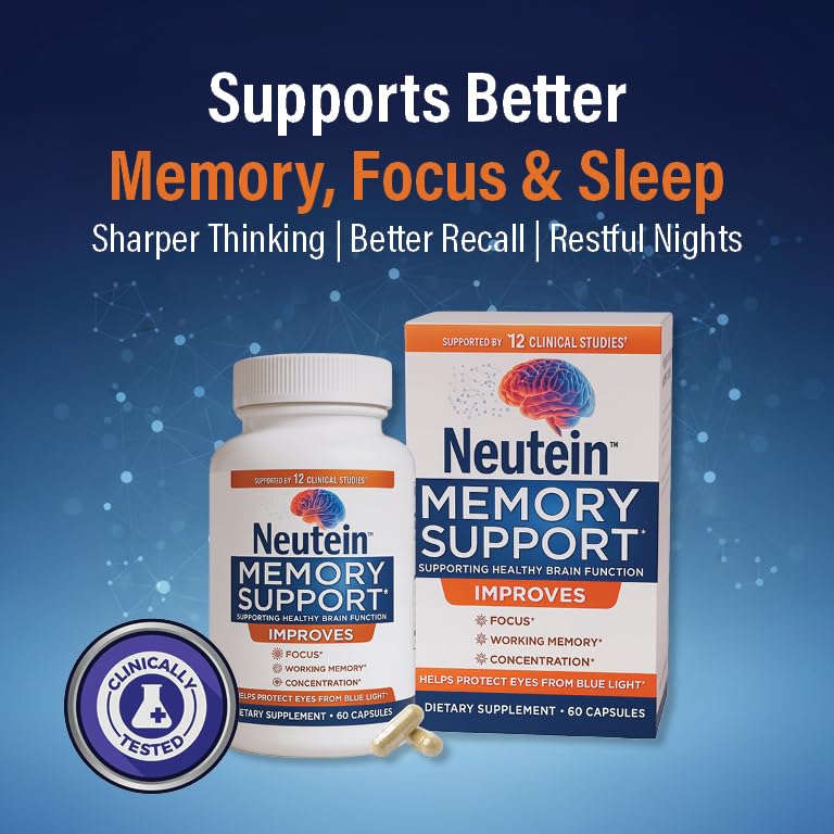 Neutein memory and focus bottle label highlights plant-based ingredients.