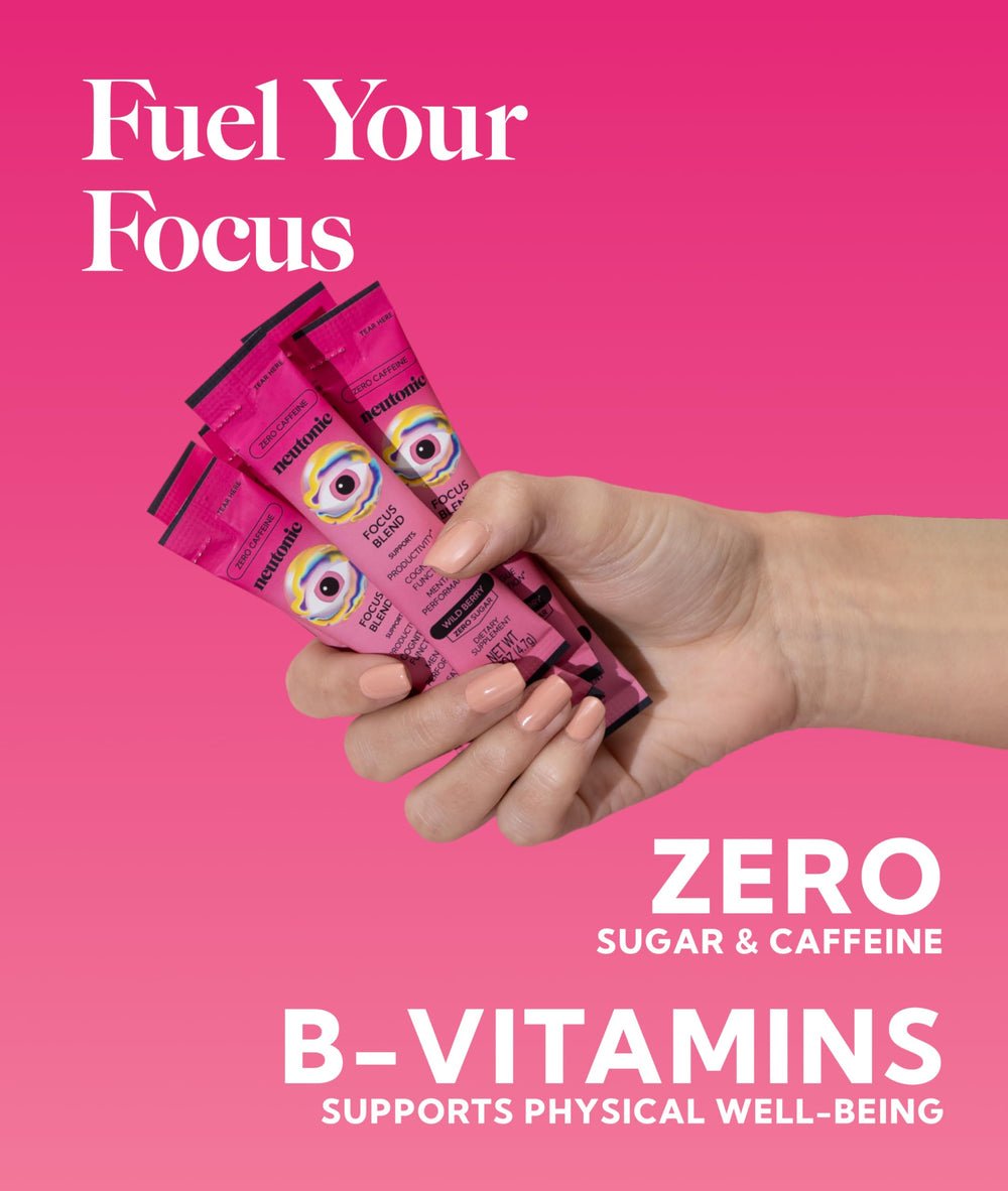 Neutonic closeup of packaging label highlighting caffeine-free focus