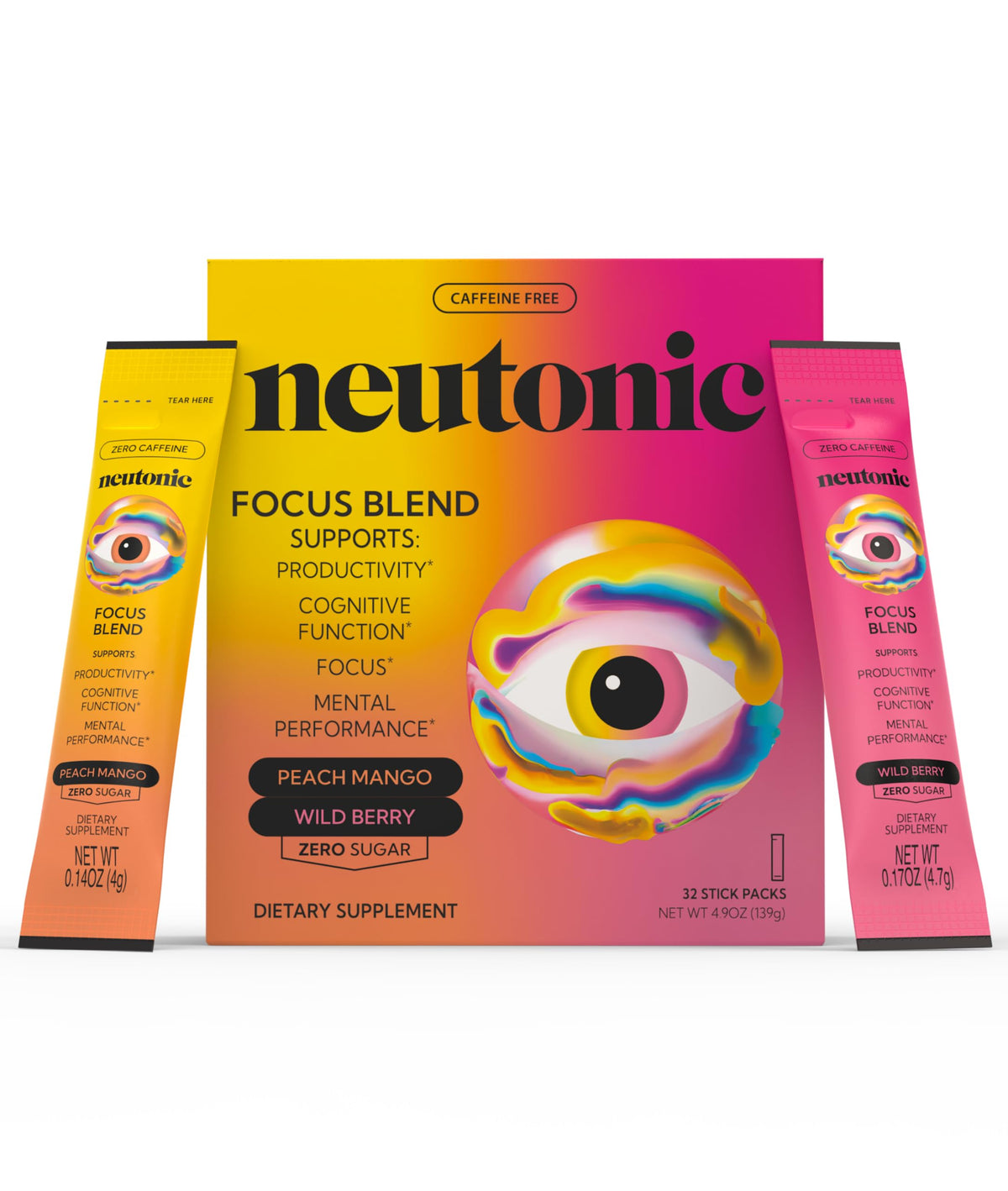 Neutonic focus sticks peach mango — portable caffeine-free brain boost for daytime focus.