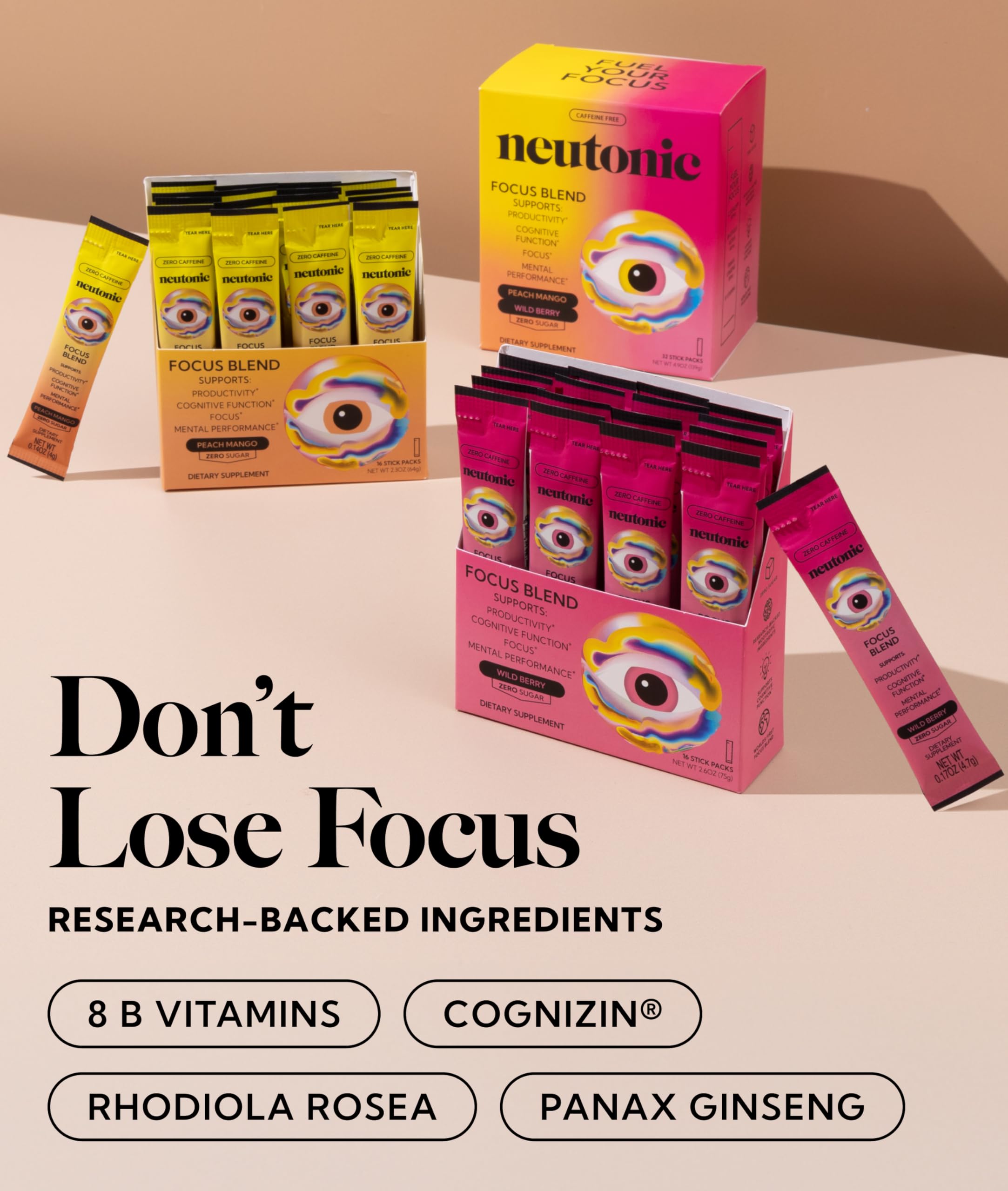 Neutonic focus sticks wild berry — tasty mental clarity support for study sessions.