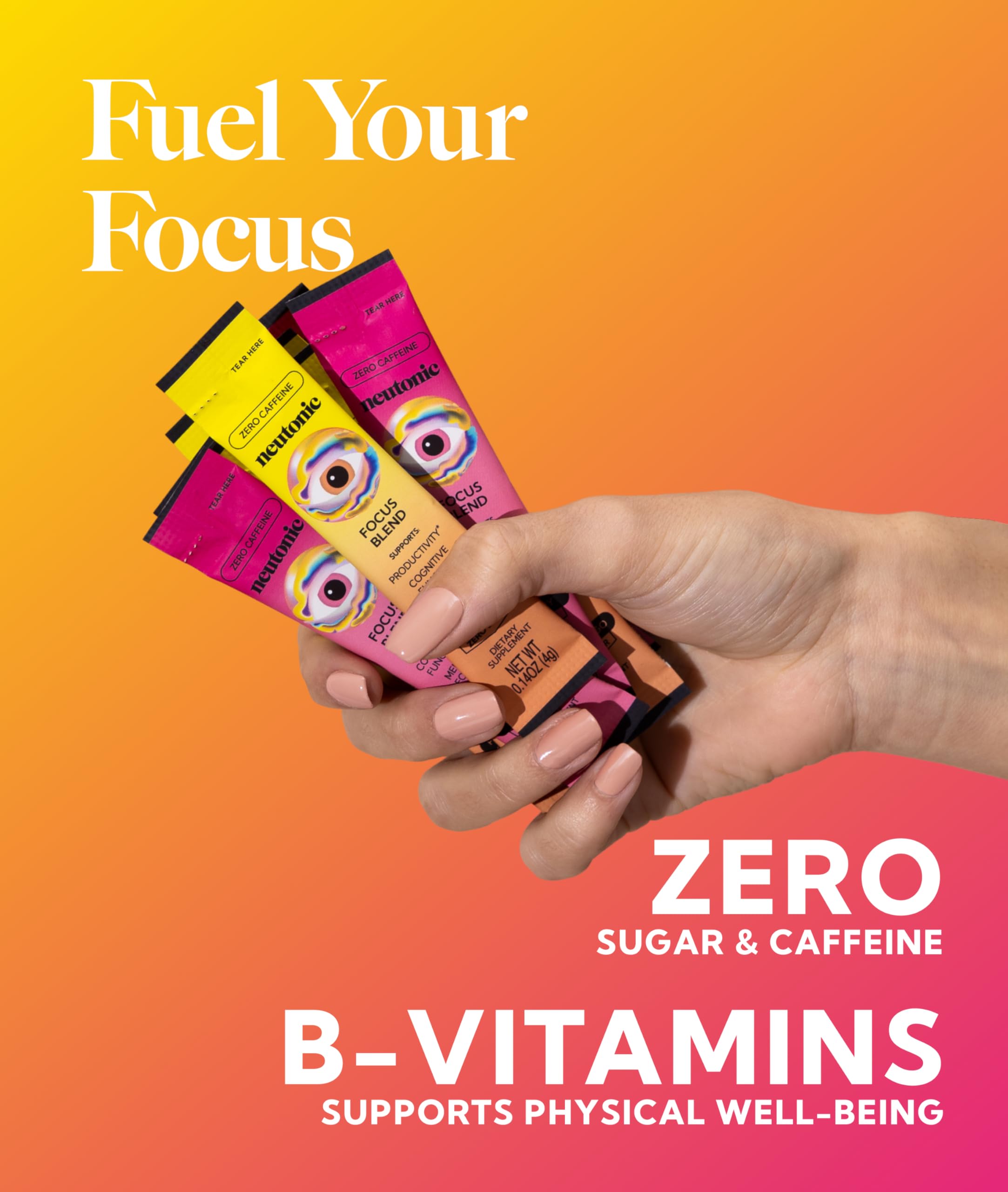 Neutonic water-mix-ready sticks — caffeine-free energy without sugar.