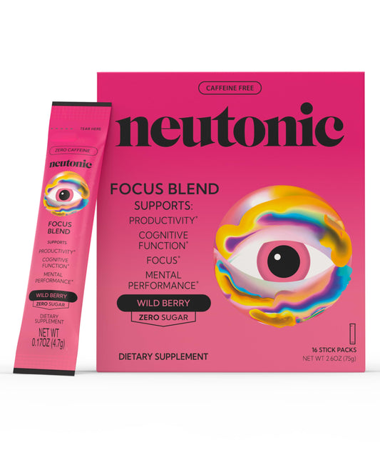 Neutonic wild berry focus stick-pack on desk for daytime concentration