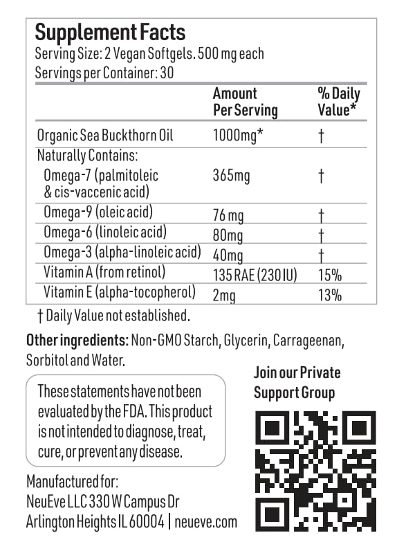 NeuEve Feminine Moisture bottle nutrition label, clean ingredients and omega-7 focus.