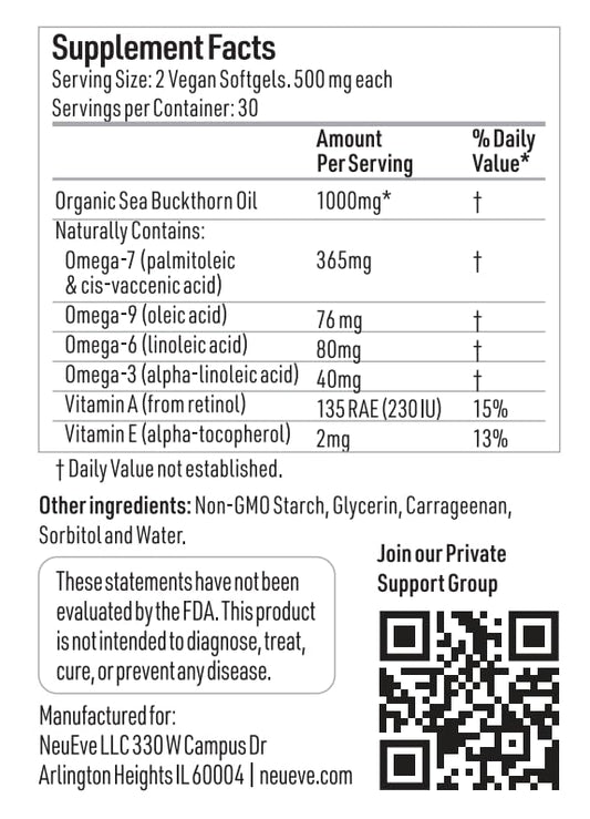 NeuEve Feminine Moisture bottle nutrition label, clean ingredients and omega-7 focus.