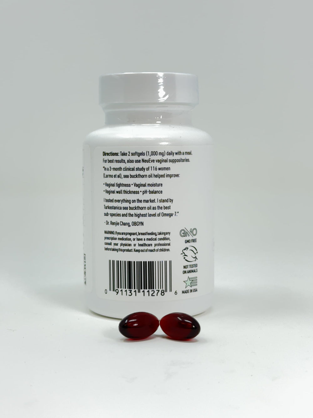 NeuEve Feminine Moisture softgel capsules, compact vegan pills for vaginal health.