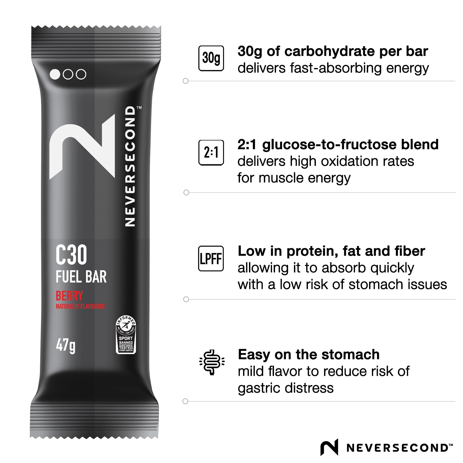 Neversecond C30 Fuel Bar berry flavor provides fast energy on the go during endurance sessions.