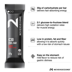 Neversecond C30 Fuel Bar berry flavor provides fast energy on the go during endurance sessions.
