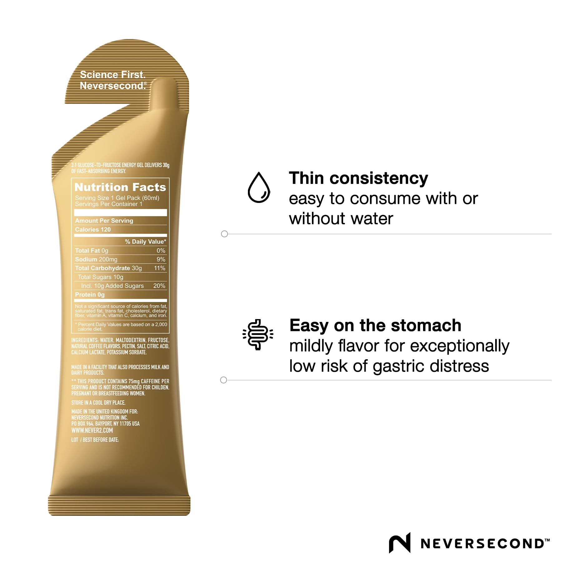 Neversecond C30+ Espresso energy sachet ready to fuel long rides and runs.