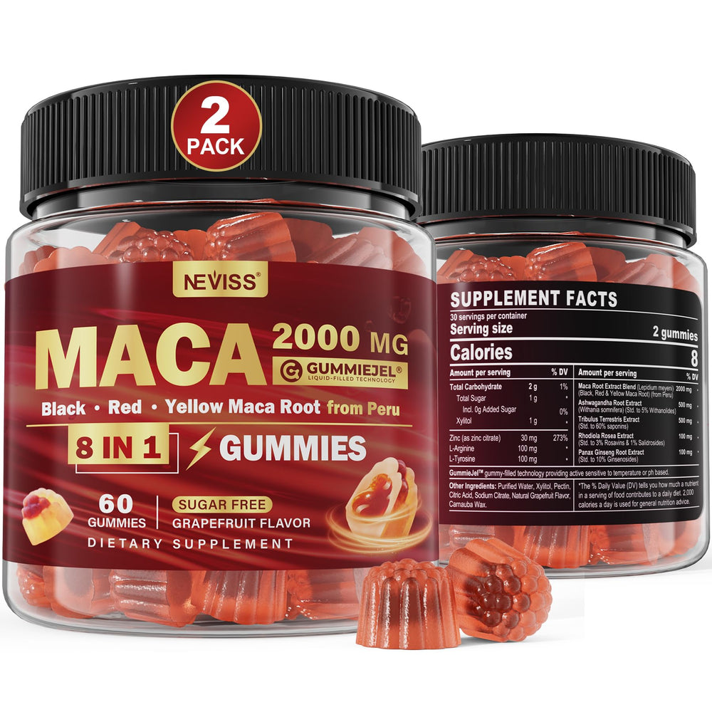 NEVISS 2-pack maca gummies packaging for easy daily use