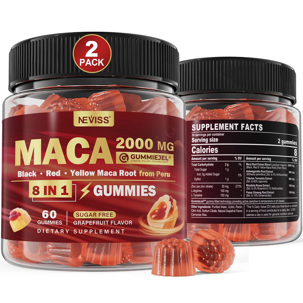 NEVISS 2-pack maca gummies packaging for easy daily use
