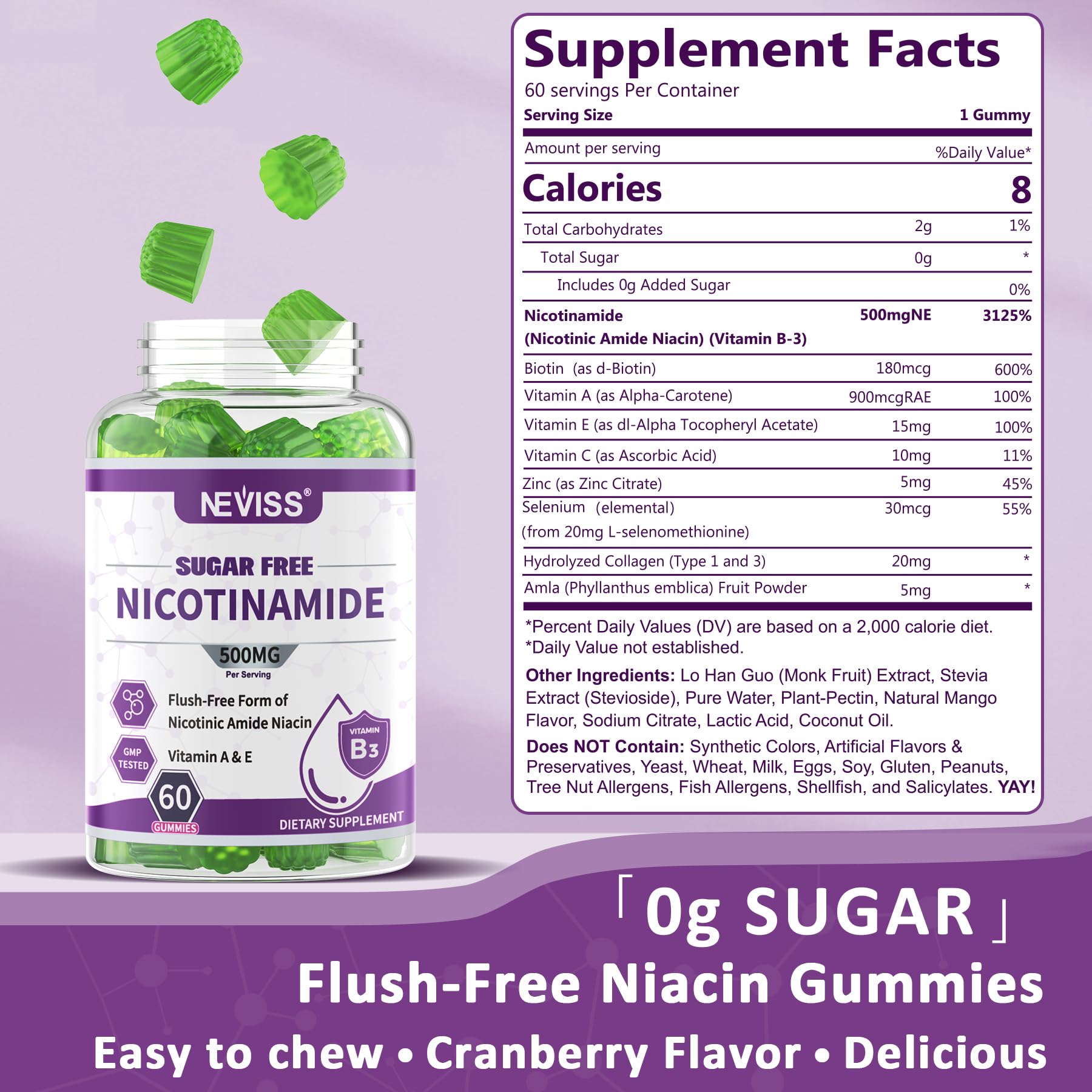 Close-up of NEVISS 500mg nicotinamide gummy, easy to chew