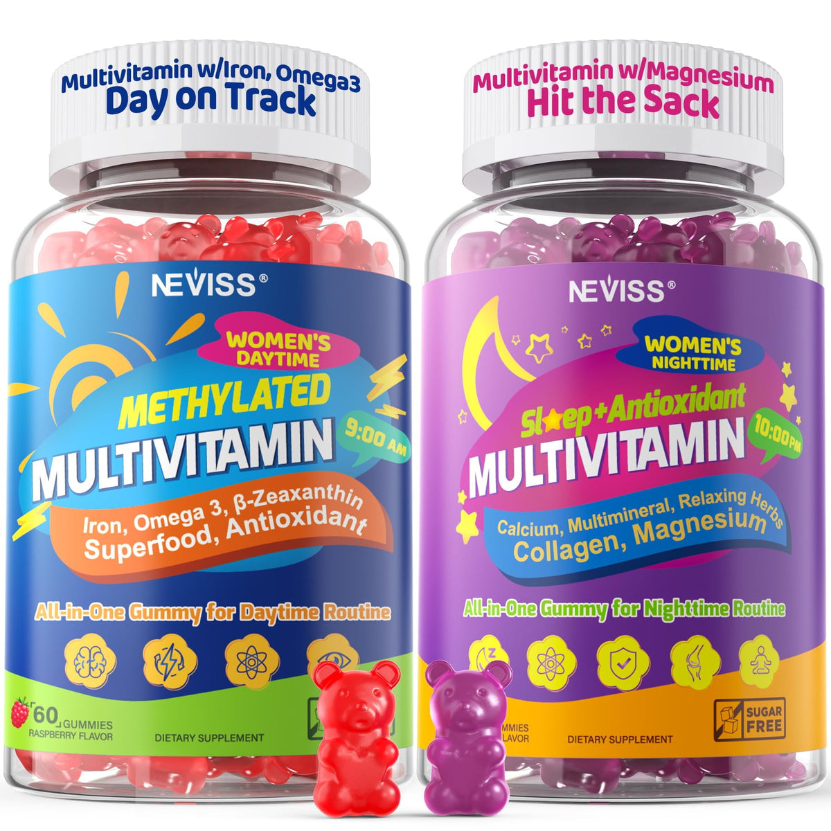 NEVISS 52-in-1 methylated women's day gummies for steady energy and daily balance.