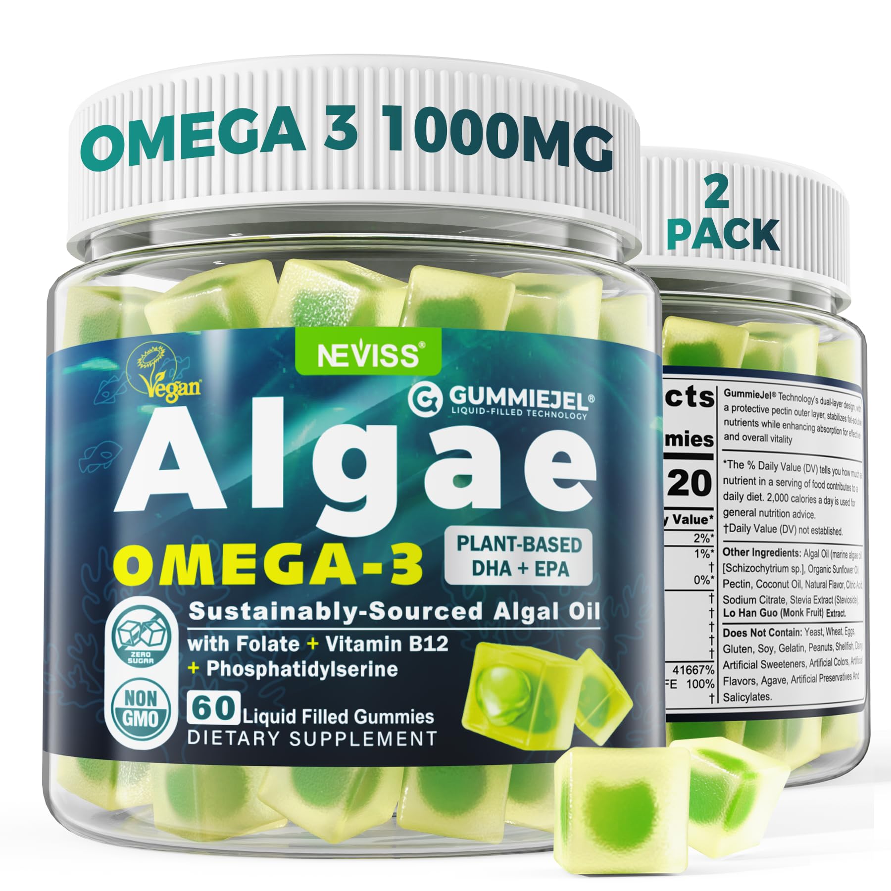 NEVISS algae omega-3 gummies pack front showing vegan DHA and EPA with no fishy aftertaste.