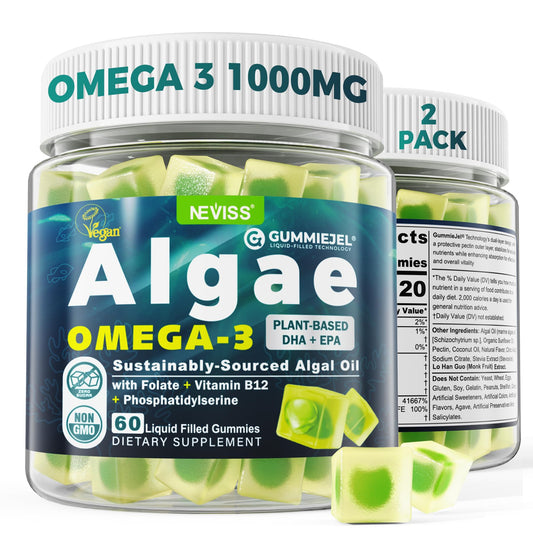NEVISS algae omega-3 gummies pack front showing vegan DHA and EPA with no fishy aftertaste.