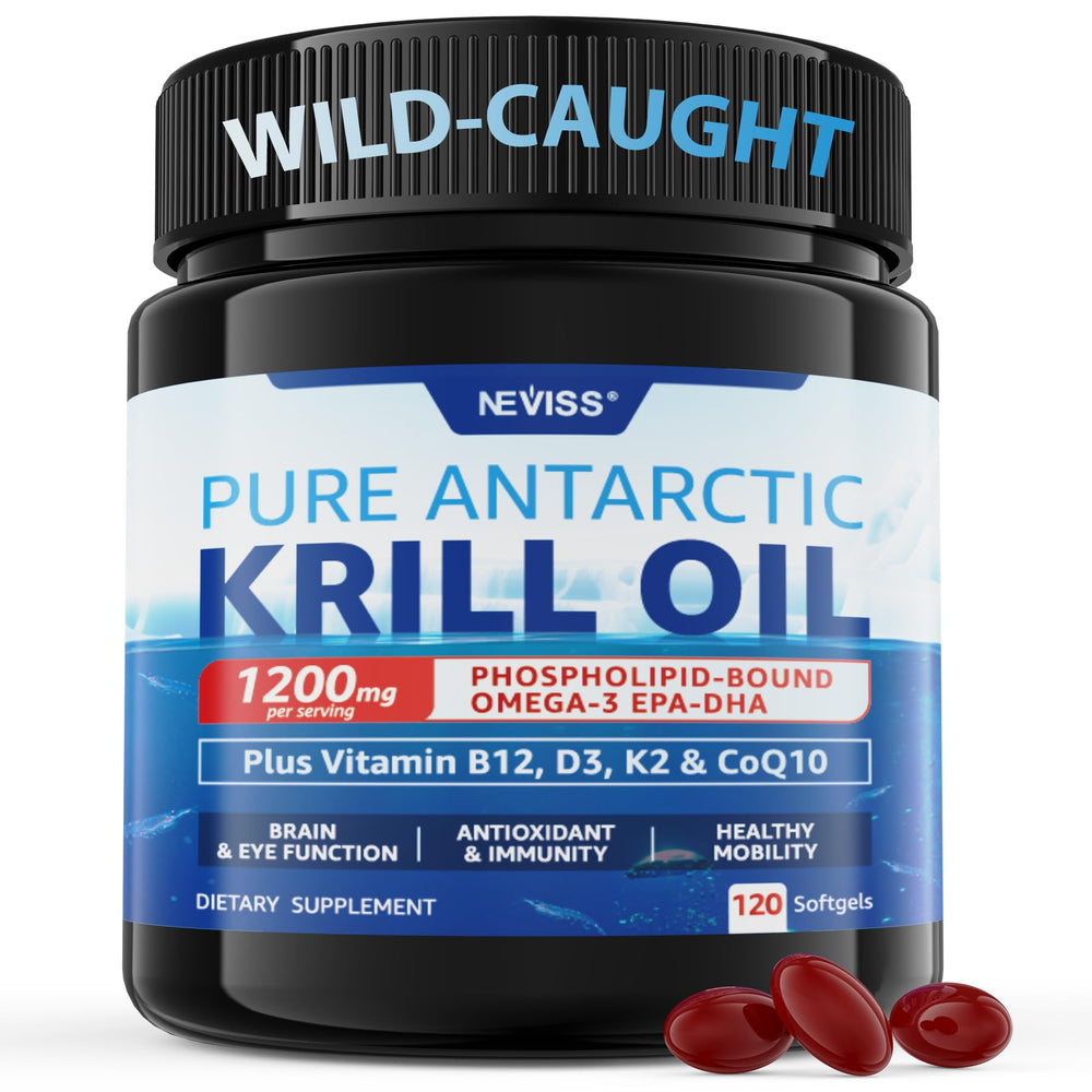 NEVISS Antarctic Krill Oil bottle showing 1200 mg omega-3 formulation for daily support.