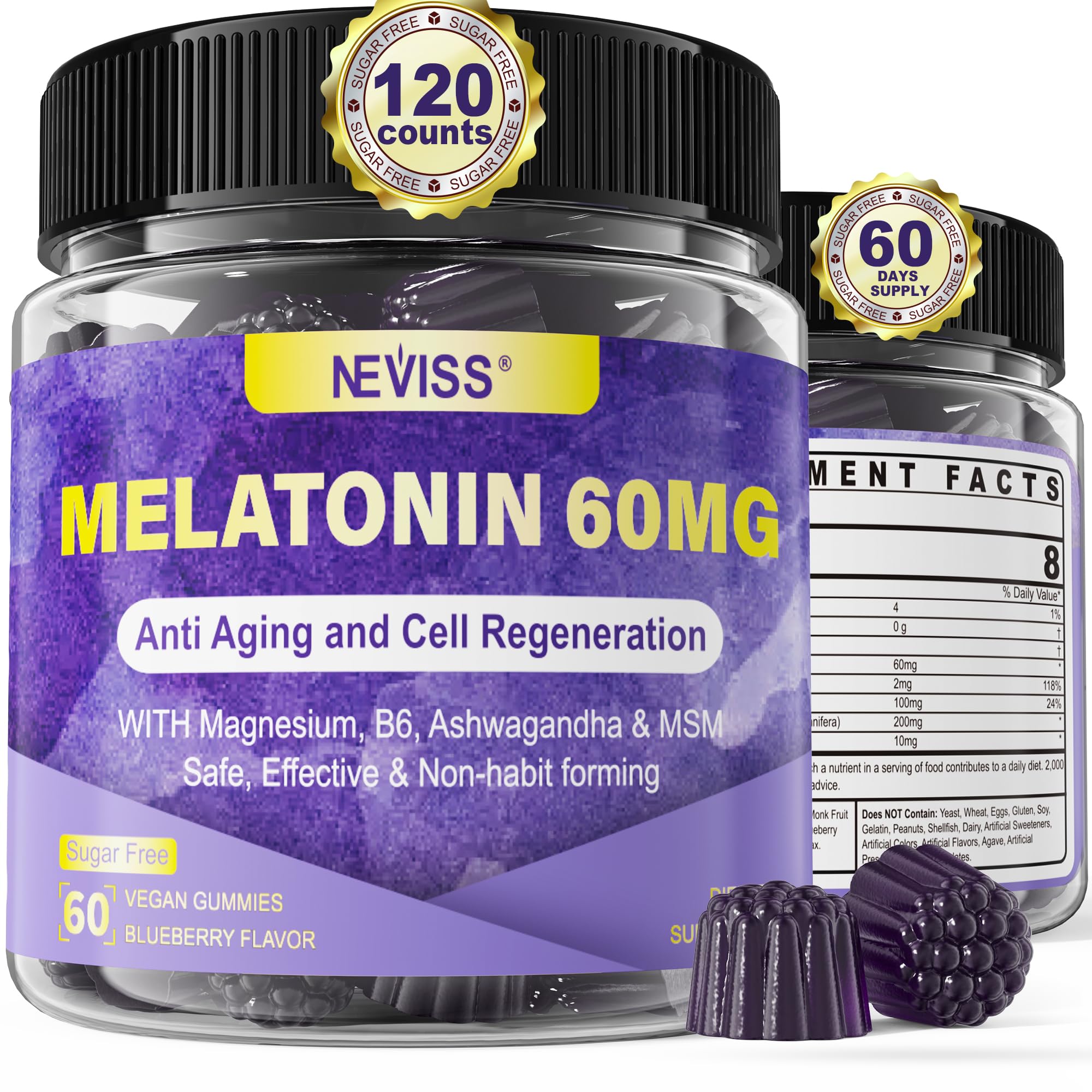 NEVISS Antioxidant Melatonin 60mg bottle for daily cognitive and sleep support.