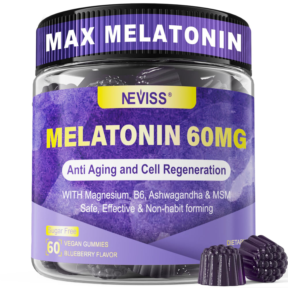 NEVISS melatonin bottle displaying 60 mg gummies for nighttime antioxidant support