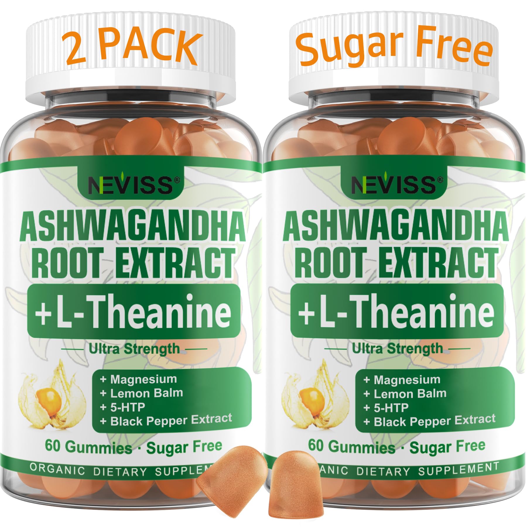 NEVISS Ashwagandha Gummies bottle front shows 2000 mg per serving for calm support