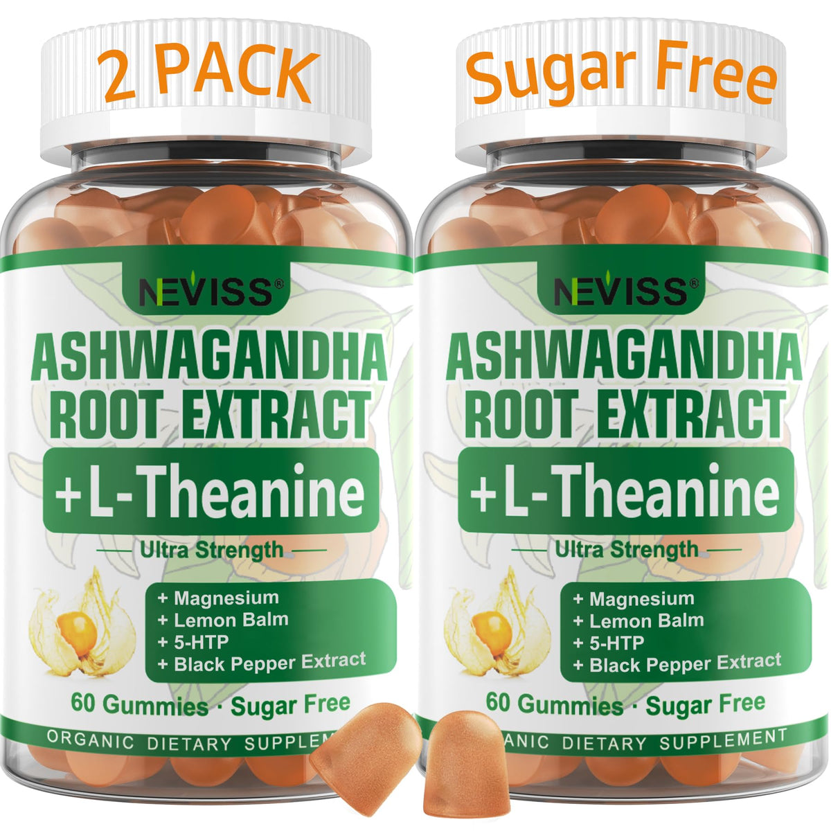 NEVISS Ashwagandha Gummies bottle front shows 2000 mg per serving for calm support