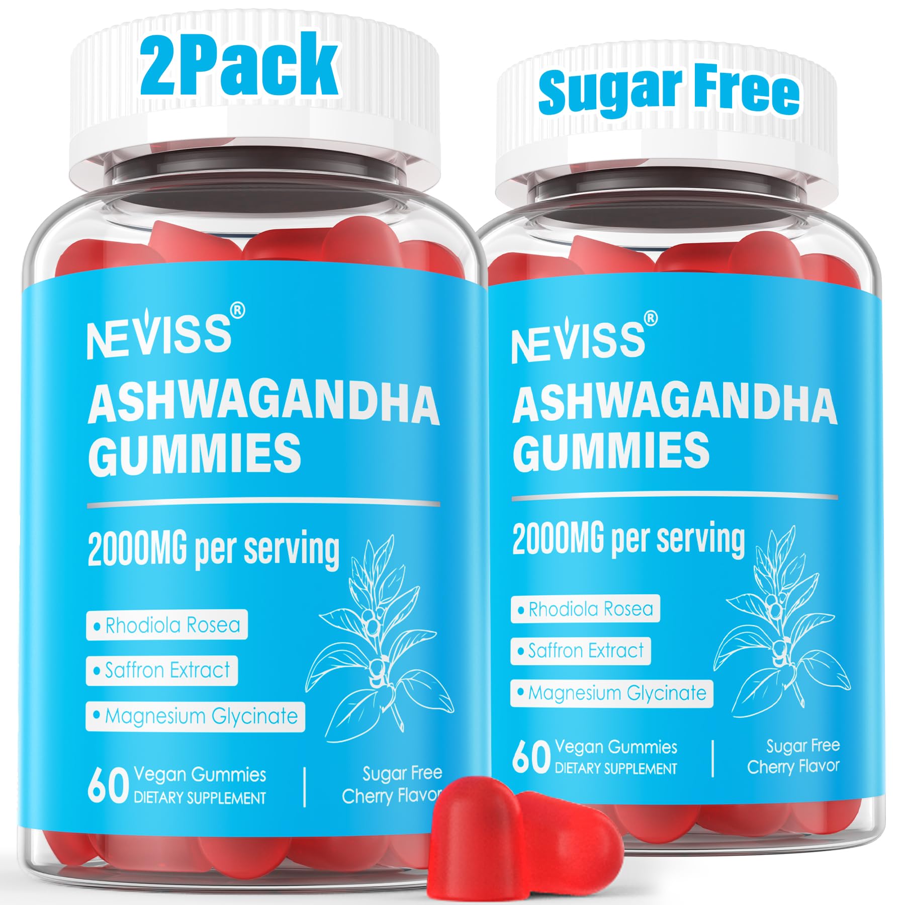 NEVISS Ashwagandha Gummies bottle for daily relaxation support.