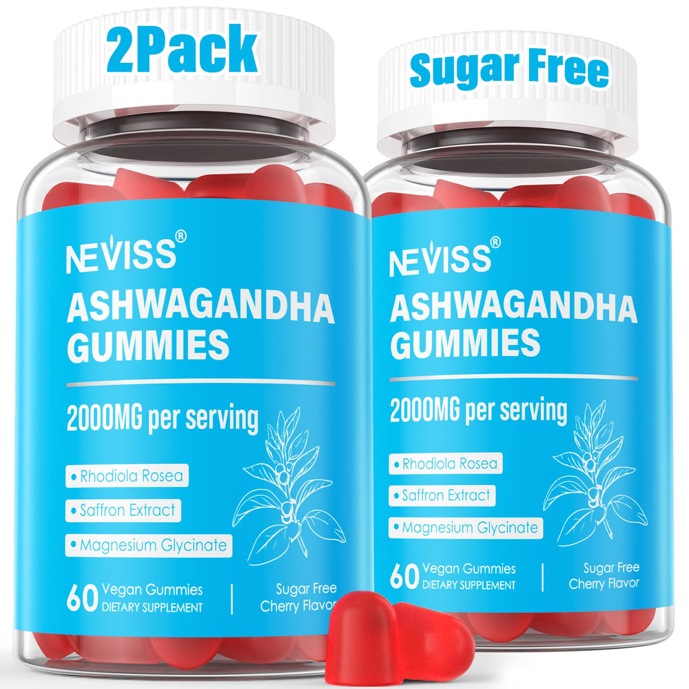 NEVISS Ashwagandha Gummies bottle for daily relaxation support.