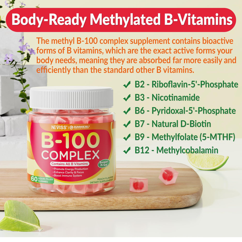NEVISS B Complex Gummies being poured into hand for quick supplementation.