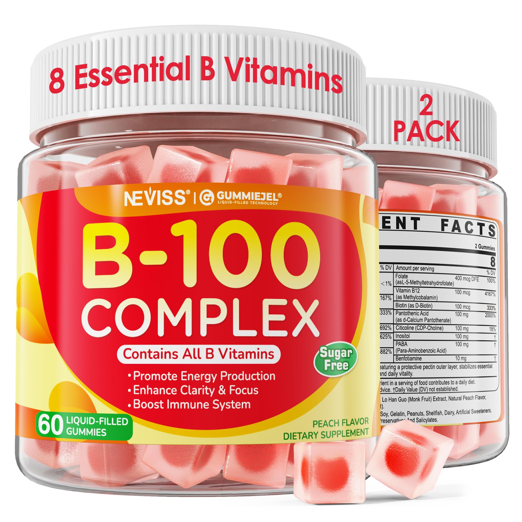 NEVISS B100 Complex Gummies bottle front for fruit-flavored energy support
