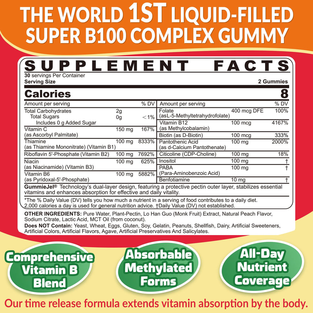 NEVISS B100 Complex Gummies closeup shows juicy fruit texture for daily vitamins