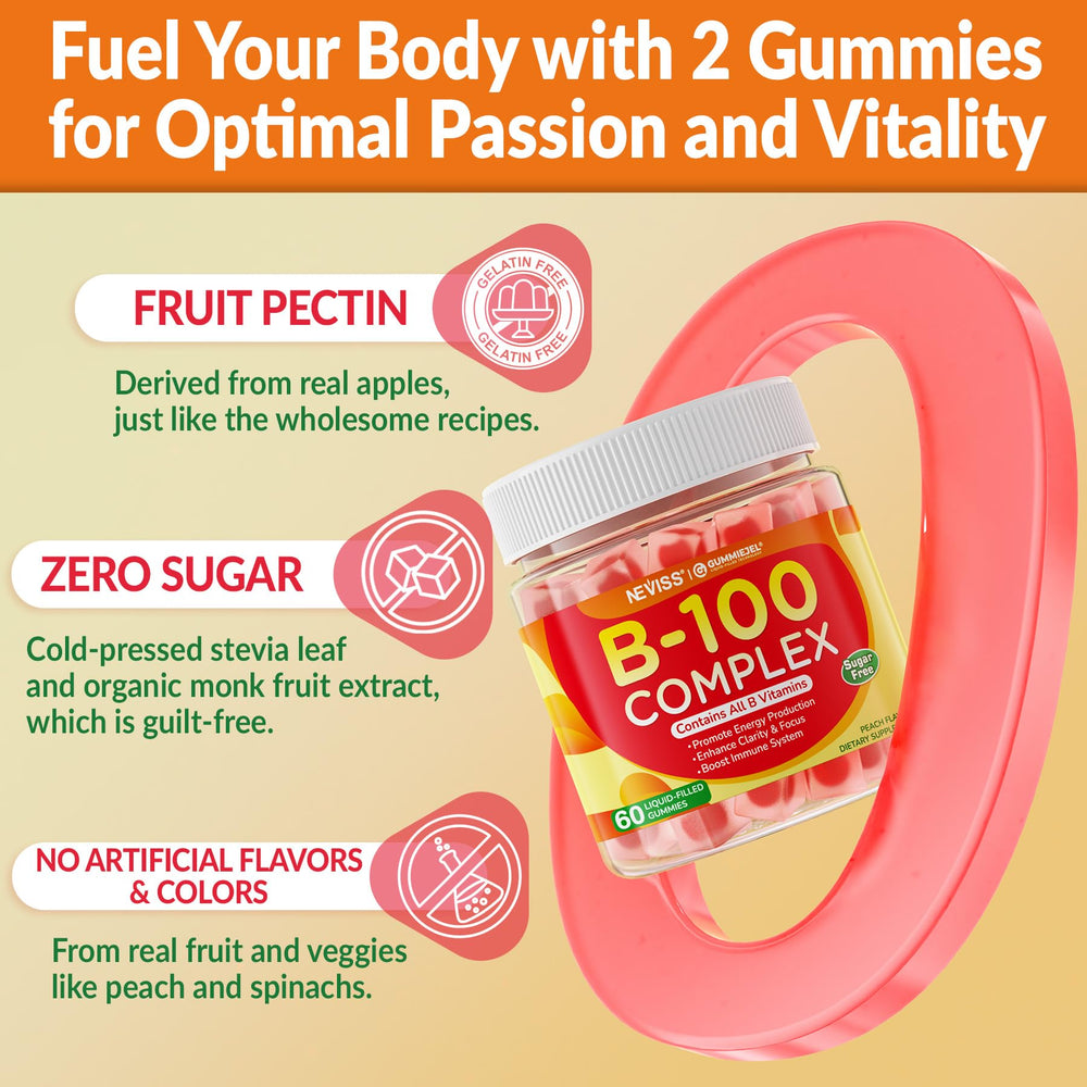 NEVISS B100 Complex Gummies bottle top close-up seal freshness