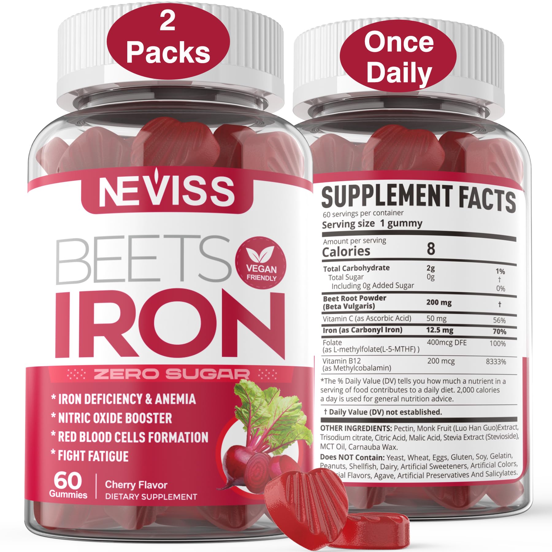 NEVISS Beet Root Gummies bottle front showing cherry flavor and easy daily iron support