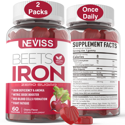 NEVISS Beet Root Gummies bottle front showing cherry flavor and easy daily iron support