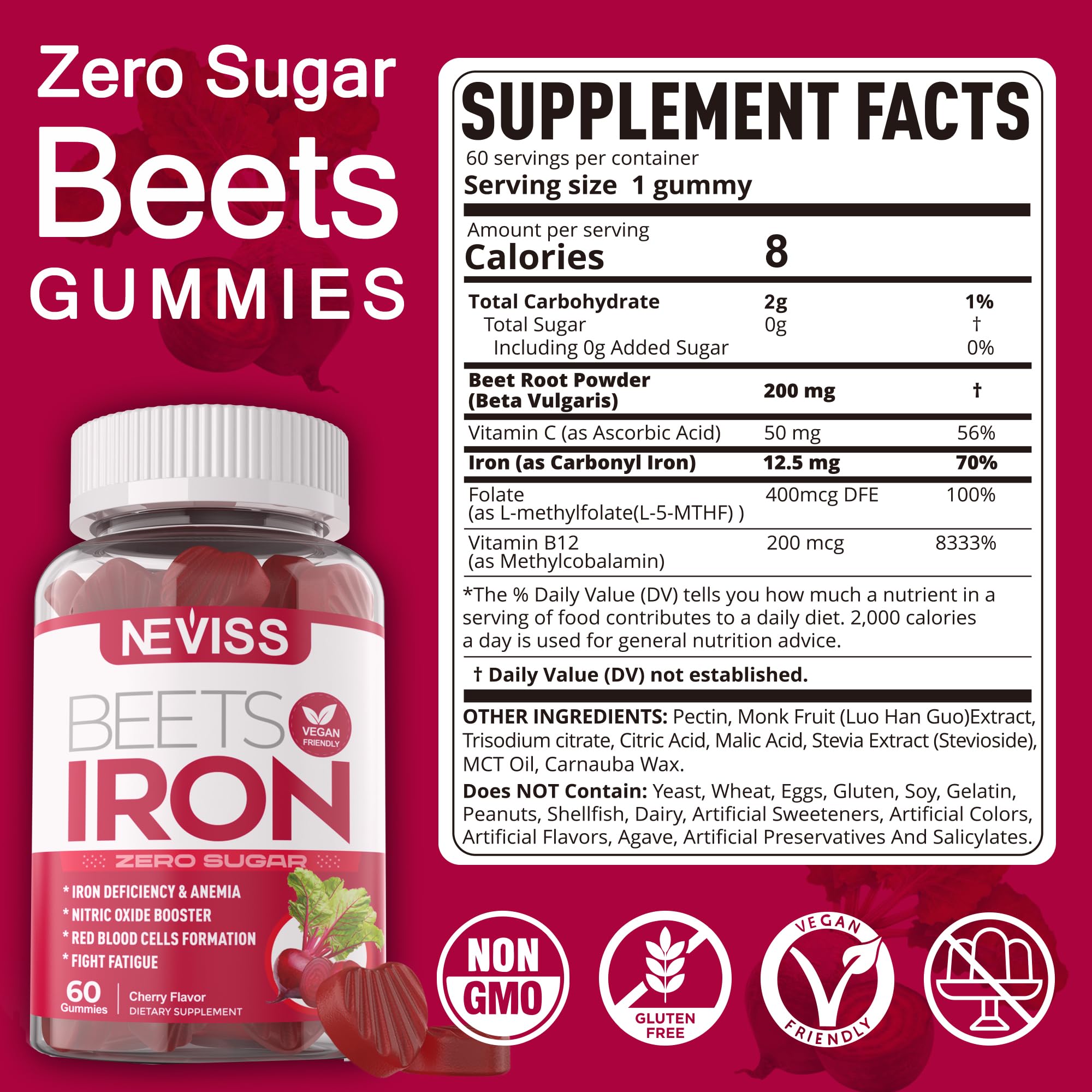 NEVISS Beet Root Gummies bottle label highlights iron content and vegan-friendly formula
