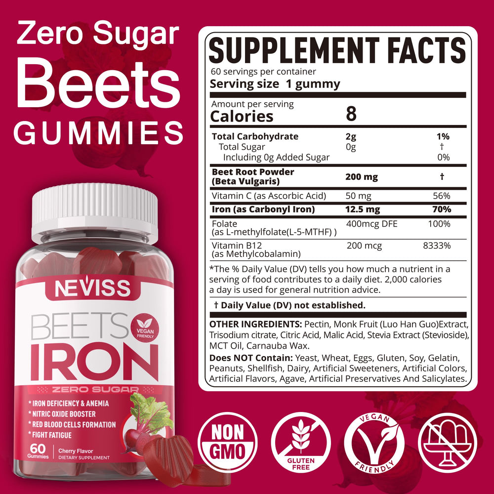 NEVISS Beet Root Gummies bottle label highlights iron content and vegan-friendly formula