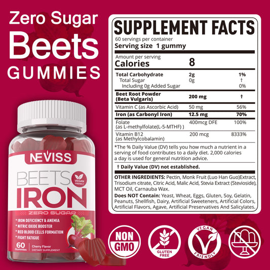 NEVISS Beet Root Gummies bottle label highlights iron content and vegan-friendly formula