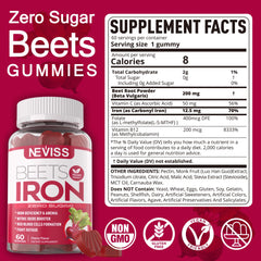 NEVISS Beet Root Gummies bottle label highlights iron content and vegan-friendly formula