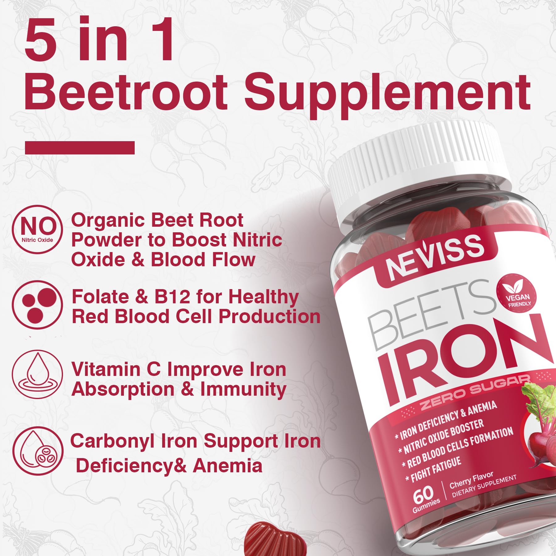 NEVISS Beet Root Gummies close-up shows cherry flavor and soft texture