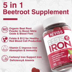 NEVISS Beet Root Gummies close-up shows cherry flavor and soft texture